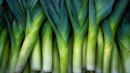 Fototapeta premium Overhead composition of fresh whole leeks forming a background