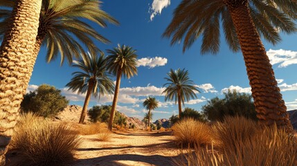 Desert Oasis Serenity, a vibrant oasis with lush palm trees set against a pristine blue sky, showcasing nature's tranquil beauty.