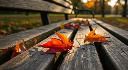Colorful autumn leaves rest on a weathered wooden park bench, with the sun casting a warm glow. A peaceful and nostalgic scene capturing the essence of fall.
