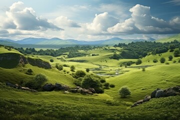 Naklejka premium Breathtaking landscape featuring a lush green valley with a meandering river, rolling hills, and a picturesque cloudy sky