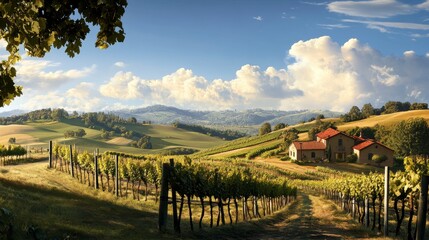Vineyard Serenity, expansive vineyard on undulating hills, lush green vines, tranquil atmosphere, vibrant colors, idyllic countryside scene