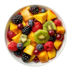 Obraz premium Fresh fruit salad featuring vibrant mango, kiwi, berries, and grapes, creating colorful and healthy dish
