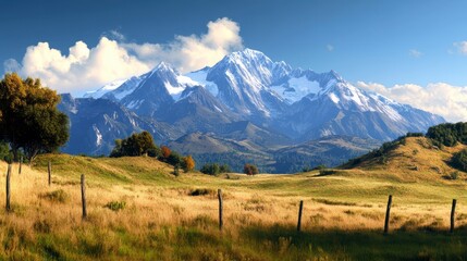 Fototapeta premium Majestic mountain range with towering, snow-covered peaks under a clear blue sky, showcasing nature's grandeur and rugged beauty.