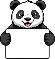 Happy Cartoon Panda Holding Blank White Sign Black White Illustration character animal