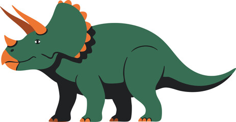 Fototapeta premium Triceratops dinosaur vector illustration with green body and orange horns in cartoon style