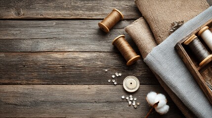 Set of sewing accessories and fabric laid out on a wooden background