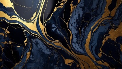 Luxury abstract marble wallpaper with dark navy blue and gold flowing patterns