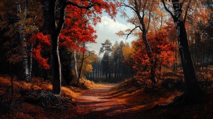 Vibrant autumn forest trail, leaves in shades of red and orange, inviting path through nature's seasonal transformation