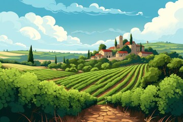 Fototapeta premium Picturesque vineyard with a village nestled among rolling hills under a bright sky