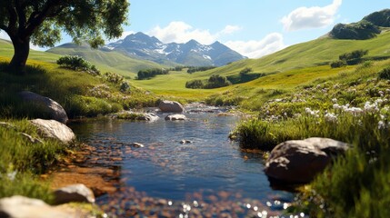 Serene Valley Stream, tranquil landscape, lush greenery, gentle water flow, peaceful ambiance, vibrant natural beauty, inviting escape
