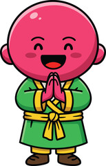 Smiling cartoon monk character in green and yellow robe with hands clasped vector illustration cheerful and friendly expression