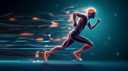 Athletic male figure in motion, embodying digital speed, emphasizing connectivity and advanced technology integration for fitness and sports performance enhancement concepts. - Powered by Adobe