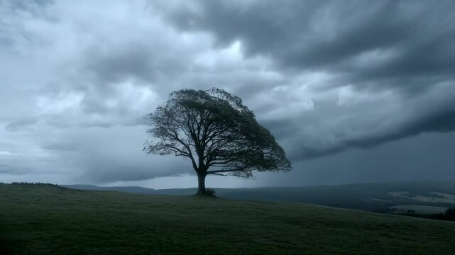 Lone tree bending in strong wind and rain with lightning strike