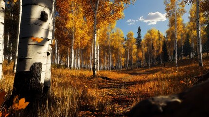 Golden Aspens in Autumn, vibrant grove of aspen trees, dense foliage, golden leaves, tranquil nature scene, serene atmosphere.