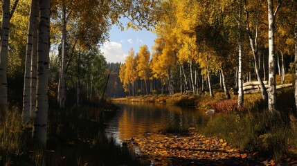 Golden Aspen Grove in Autumn, vibrant foliage, dense tree canopy, serene natural beauty, peaceful woodland scene, rich seasonal colors