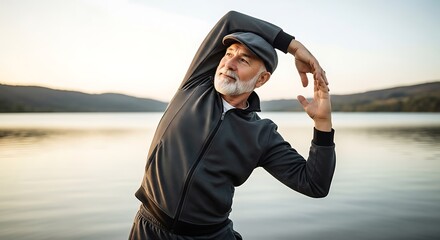 Older man stretching by a lake wearing a cap and jacket with mountains in the background at sunset