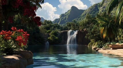Pristine Jungle Waterfall, cascading water flows into a crystal-clear pool surrounded by lush greenery and vibrant tropical flora.