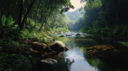 Rocky Stream Flowing Through Lush Forest, vibrant greenery surrounding clear water, sunlight filtering through dense canopy, tranquil natural scene