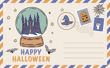 Halloween card with pumpkin, bat, hat, hand drawn illustrations	
