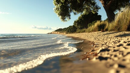 Tranquil Beach Serenity, gentle waves caress the shore, a peaceful escape into nature's embrace, soothing coastal ambiance