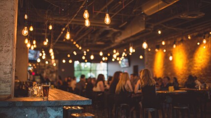 Bar Interior with Edison Bulb Lighting and Patrons