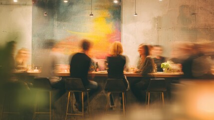 Blurred Figures at a Bar with Abstract Art