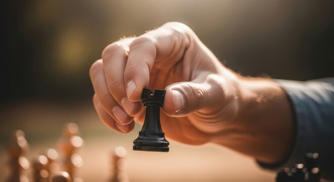 Close-up of a hand holding a chess piece, symbolizing strategic thinking, leadership, and decision-making in business or competition