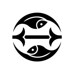 Black and white flat icon of the Pisces zodiac sign featuring two fish swimming in opposite directions
