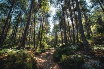 Obraz premium A forest scene with tall trees lining a path sunlight shining through the canopy