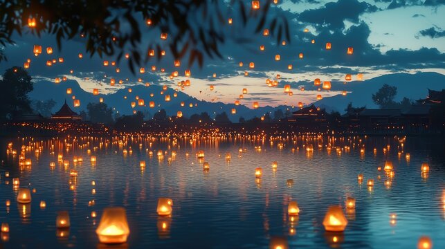 Serene, glowing lanterns float over a tranquil lake.
