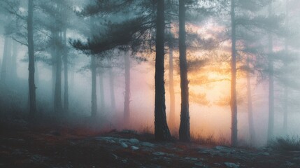 Foggy Forest with Orange Sky