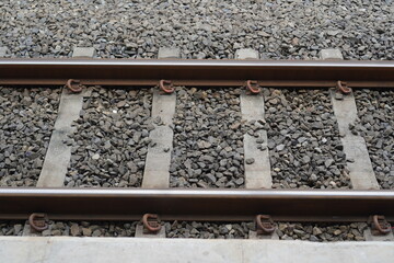 Overhead View of Railway Tracks with Concrete Sleepers and Ballast