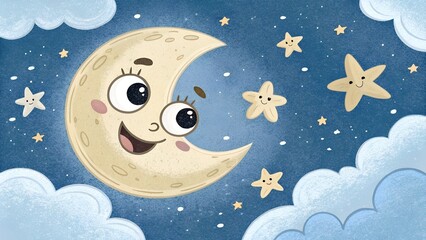 Smiling Moon and Stars with Clouds on Sparkling Blue Background – Whimsical Night Sky Illustration

