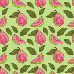 Seamless Pattern Pink Guava fruit with leaves on green Background. Vector illustration