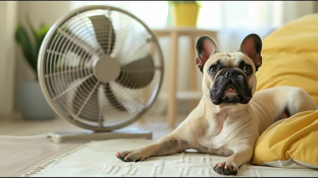 Dog lying in front of blowing fan on living room floor during summer heat. Cute french bulldog suffering from heat wave stroke at home