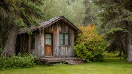Rustic Wooden Cabin in Autumn Forest