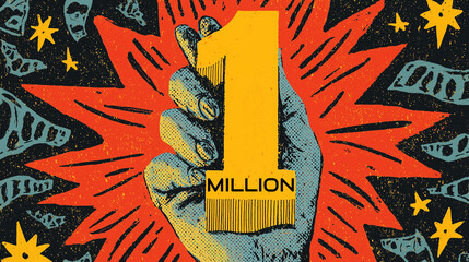 Obraz premium Hand Holding Golden 1 MILLION Trophy – Pop Art Style with Stars and Money in Bold Saturated Colors