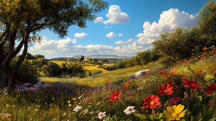 Vibrant Spring Meadow, a lush expanse filled with a kaleidoscope of wildflowers, embodying the essence of nature's renewal and beauty.