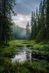 Obraz premium A serene forest bog with tall trees reflecting in the water framed by lush greenery under a cloudy sky