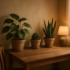Fototapeta premium Indoor Plants on Wooden Table with Warm Lighting