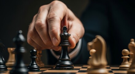 Close-up of a hand holding a chess piece, symbolizing strategic thinking, leadership, and decision-making in business or competition