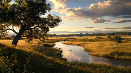 Serene river meandering through a lush meadow at dawn, soft sunlight illuminating the landscape, tranquil and picturesque scene