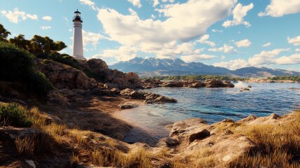 Lighthouse on Rugged Coastline, a majestic beacon overlooking crashing waves and rocky cliffs, evoking a sense of solitude and natural beauty