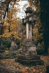 Obraz premium A stone cross stands tall in a cemetery filled with autumnal foliage Moss and weathering mark the cross and other tombstones