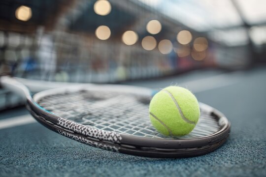 A tennis ball sits on a racket against an outoffocus indoor court backdrop
