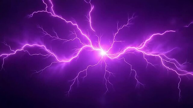 Striking display of purple lightning bolts illuminating the sky during a powerful electrical storm.