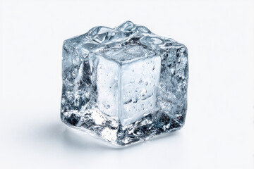 Obraz premium A translucent ice cube with irregular edges sits on a bright reflective surface casting a faint shadow