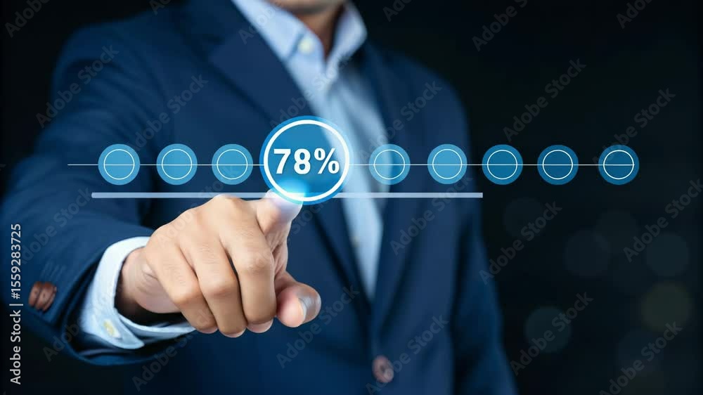 Poster Man in suit pointing at progress bar showing seventy nine percent on a digital interface