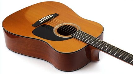 Fototapeta premium A single acoustic guitar isolated on white, showcasing detailed craftsmanship in a studio setting.