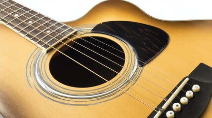 Obraz premium A single acoustic guitar isolated on white, showcasing detailed craftsmanship in a studio setting.